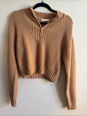 Half-Zip Cropped Knit Sweater in Camel